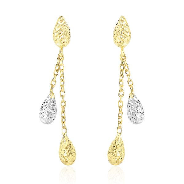 14k Two-Tone Gold Double Row Chain Earrings with Diamond Cut Teardrops