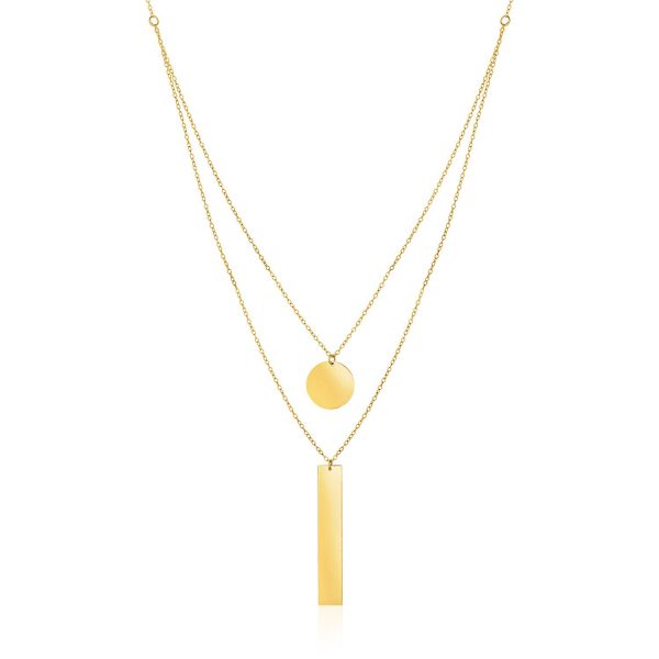 14k Yellow Gold 18 inch Two Strand Necklace with Circle and Bar Pendants