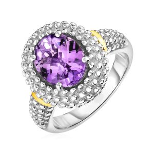 Ring with Oval Amethyst in 18k Yellow Gold & Sterling Silver