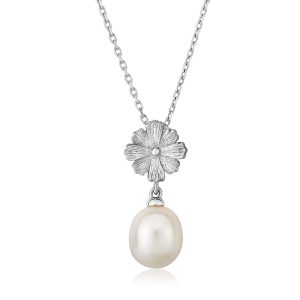 Sterling Silver Pendant with Flower and Freshwater Pearl Drop