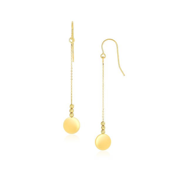 14k Yellow Gold Bead and Shiny Disc Drop Earrings