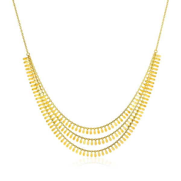 14k Yellow Gold 19 inch Three Strand Necklace with Polished Leaf Motifs