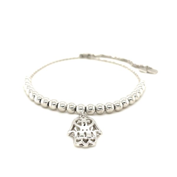 Sterling Silver 9 1/4 inch Adjustable Bracelet with Beads and Hand of Hamsa