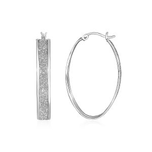 Glitter Textured Oval Hoop Earrings in Sterling Silver