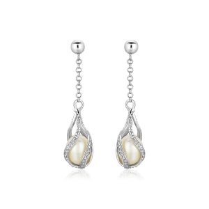 Sterling Silver Twisted Cage Style Earrings with Freshwater Pearls