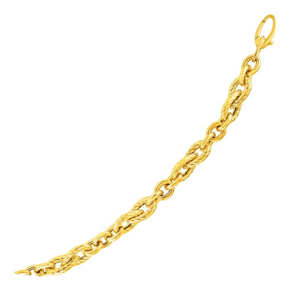 Shiny and Textured Teardrop and Round Link Bracelet in 14k Yellow Gold