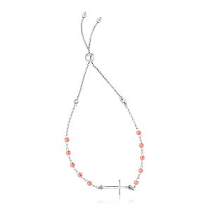 Sterling Silver White and Rose Finish Adjustable Bracelet with Cross