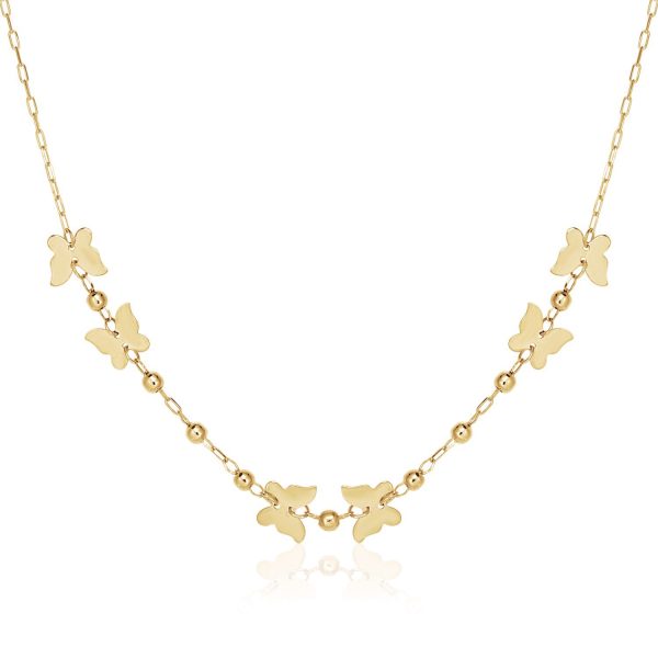 14k Yellow Gold 18 inch Necklace with Polished Butterflies and Beads