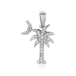 Sterling Silver Palm Tree and Crescent Moon Pendant with Cubic Zirconias
