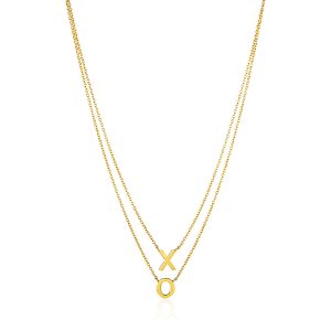 14k Yellow Gold DoubleS trand Chain Necklace with X and O