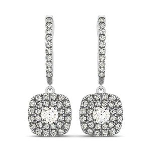 14k White Gold Double Halo Cushion Outer Shaped Diamond Earrings (3/4 cttw)