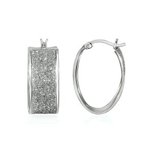 Glitter Textured Wide Oval Hoop Earrings in Sterling Silver
