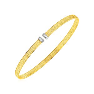 14k Two Tone Gold Narrow Silk Textured Cuff Bangle with Diamonds