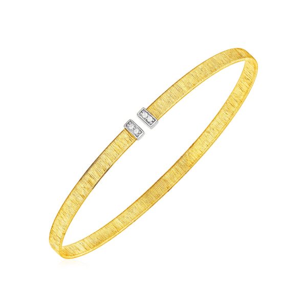 14k Two Tone Gold Narrow Silk Textured Cuff Bangle with Diamonds