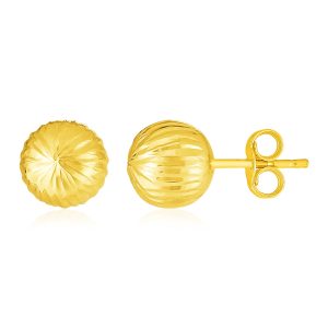 14K Yellow Gold Ball Earrings with Linear Texture