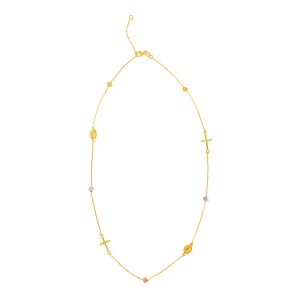 14k Tri Color Gold Necklace with Crosses Cubes and Medallions