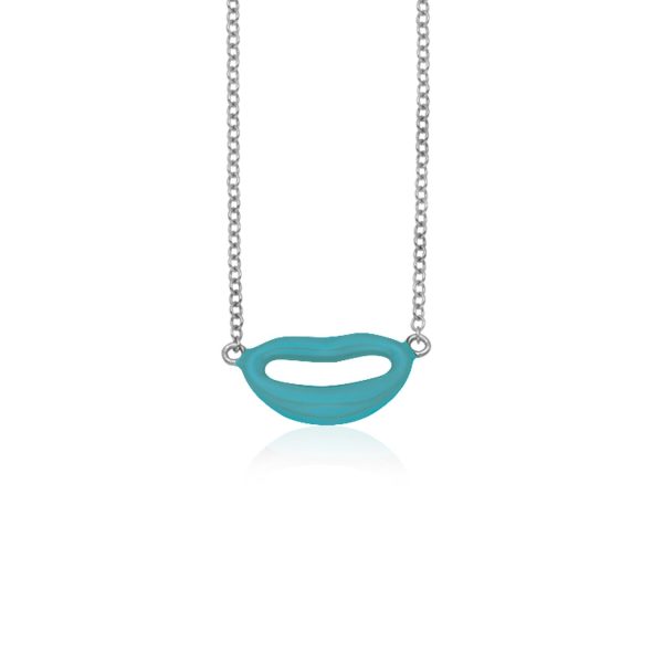 14k White Gold with Enamel Blue Lips Necklace