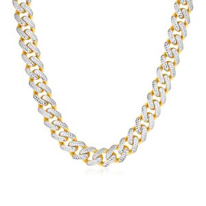 14k Two Tone Gold Miami Cuban Chain Necklace with White Pave