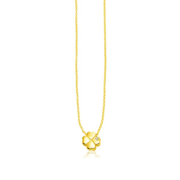 14k Yellow Gold Polished Four Leaf Clover Necklace with Diamond