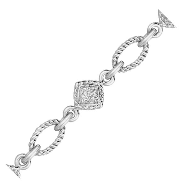 Sterling Silver Cable Oval and Square Link Bracelet with Diamonds (1/4 cttw)