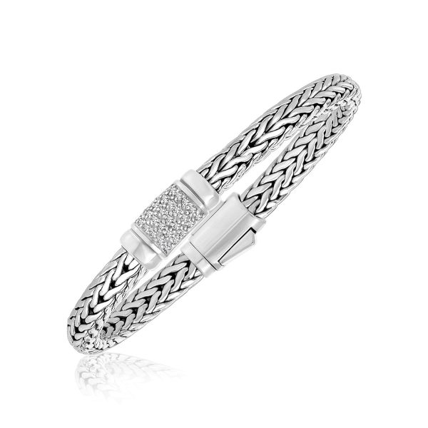 Sterling Silver Weave Motif Bracelet with White Sapphire Accents