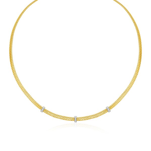 14k Two Tone Gold Basket Weave Necklace with Diamonds