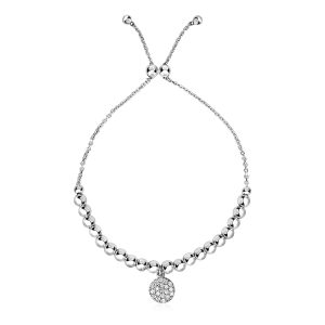Adjustable Bead Bracelet with Round Charm and Cubic Zirconias in Sterling Silver
