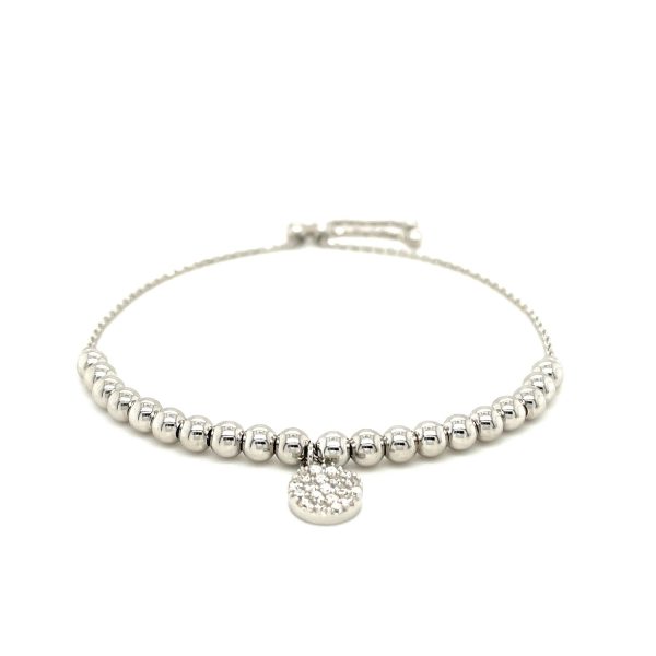 Adjustable Bead Bracelet with Round Charm and Cubic Zirconias in Sterling Silver