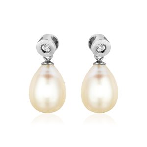 Sterling Silver Earrings with Pear Shaped Freshwater Pearls and Cubic Zirconias