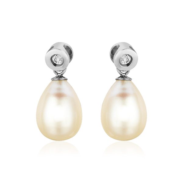 Sterling Silver Earrings with Pear Shaped Freshwater Pearls and Cubic Zirconias