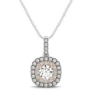 14k White And Rose Gold Cushion Shape Halo Diamond Pendant (1/2 cttw)