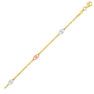 14k Three-Toned Yellow White and Rose Gold Anklet with Textured Ovals