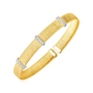 14k Two Tone Gold Two Toned Silk Textured Cuff Bangle with Diamonds
