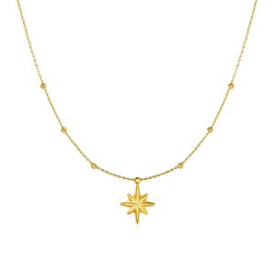 14k Yellow Gold Necklace with Eight Pointed Star and Beads
