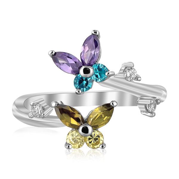 Sterling Silver Rhodium Plated Floral Toe Ring with Multi-Tone Cubic Zirconia