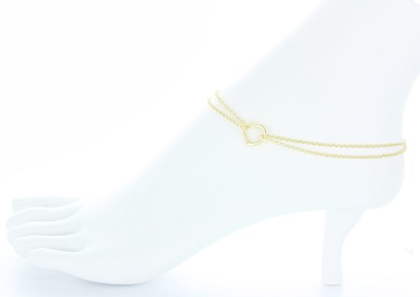 10k Yellow Gold Double Rolo Chain Anklet with an Open Heart Station