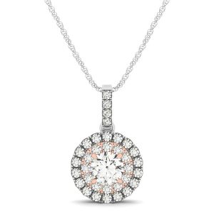 Round Shape Halo Diamond Pendant in 14k White and Rose Gold (1/2 cttw)