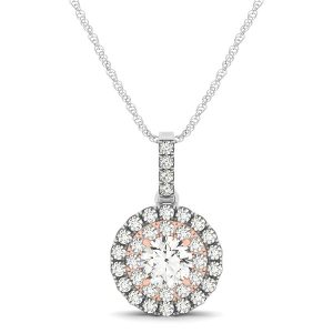 Round Shape Halo Diamond Pendant in 14k White and Rose Gold (1/2 cttw)