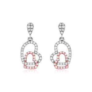 Sterling Silver Two Toned Earrings with Open Hearts and Cubic Zirconias