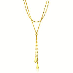 14k Yellow Gold Double Strand Chain with Puffed Heart Lariat Necklace