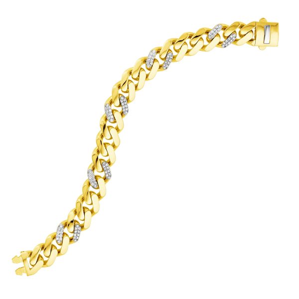 14k Yellow Gold Polished Curb Chain Bracelet with Diamond Links