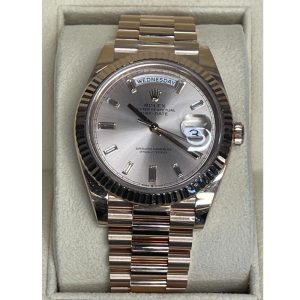 Brand New Rolex Day-Date 228235 40mm President 18K Everose Gold Rose Dial With Baguette Diamond Index Fluted Bezel 2021