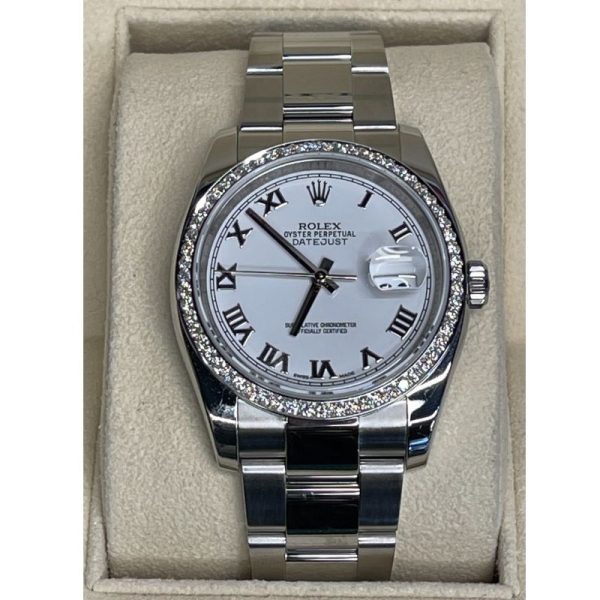 Rolex Datejust 116200 36mm White Dial Roman Numeral Markers Diamond Bezel Stainless Steel Oyster