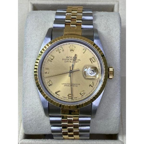 Rolex Datejust 16233 36mm Two-tone Jubilee 18K Yellow Gold & Steel Champagne Dial With Arabic Numbers 18K Yellow Gold Fluted Bezel