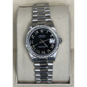 "Rolex Datejust 68246 31mm Platinum President Black Dial With Roman Numeral White Gold Diamond Bezel "