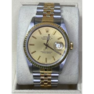 Rolex Datejust 16233 36mm Two-tone Jubilee 18K Yellow Gold & Steel Champagne Dial Index Markers 18K Yellow Gold Fluted Bezel