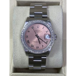 Rolex Datejust 78240 31mm Stainless Steel Oyster Pink Champagne Dial Roman Numeral Markers White Gold Diamond Bezel