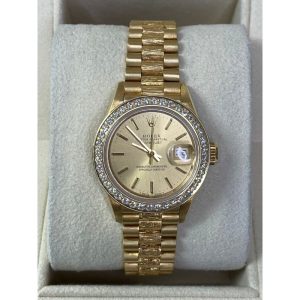 Rolex Datejust Ladies 69178 26mm 18K Yellow Gold President With Diamond Bezel Champagne Index Dial