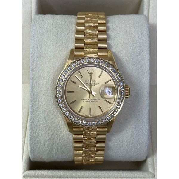 Rolex Datejust Ladies 69178 26mm 18K Yellow Gold President With Diamond Bezel Champagne Index Dial