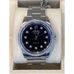 Rolex AirKing 114200 34mm Black Diamond Dial & White Gold Diamond Bezel Stainless Steel Oyster 2009